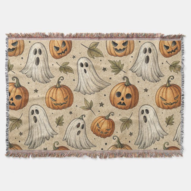 Vintage Ghosts & Pumpkins Halloween-Muster Decke (Vorderseite)