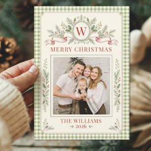 Vintage-Gingham-Monogramm-Familien-Weihnachtsfoto Feiertagskarte
