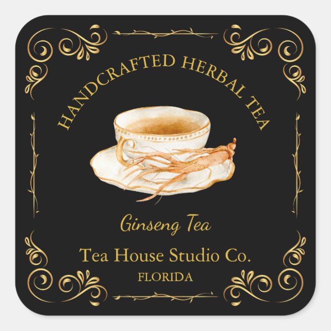 Vintage Ginseng Tea Square Label Quadratischer Aufkleber (Vorderseite)