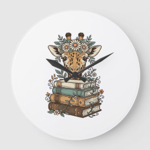 Vintage-Giraffe-Lesebücher-Blumen-Shirt-Design_ Große Wanduhr