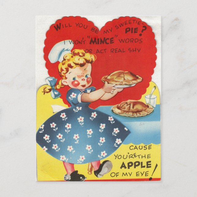 Vintage Girl Bakes Pie Valentine Postkarte (Vorderseite)