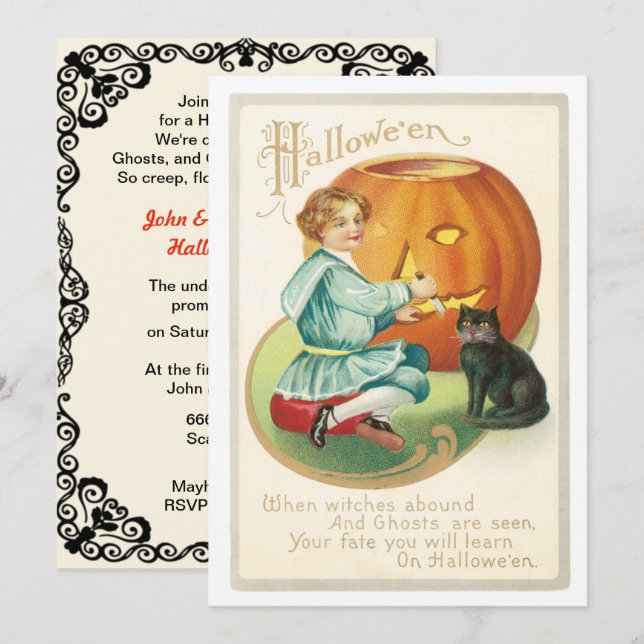 Vintage Girl Carving ein KürbisHalloween Einladung (Vorne/Hinten)