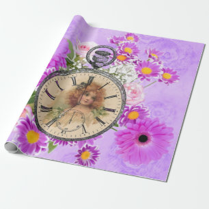 Vintage Girl Clock Lila Blumengiftpackung Geschenkpapier