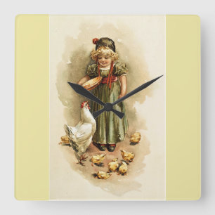 Vintage Girl Feeding Hens and Chicks Farm Clock Quadratische Wanduhr