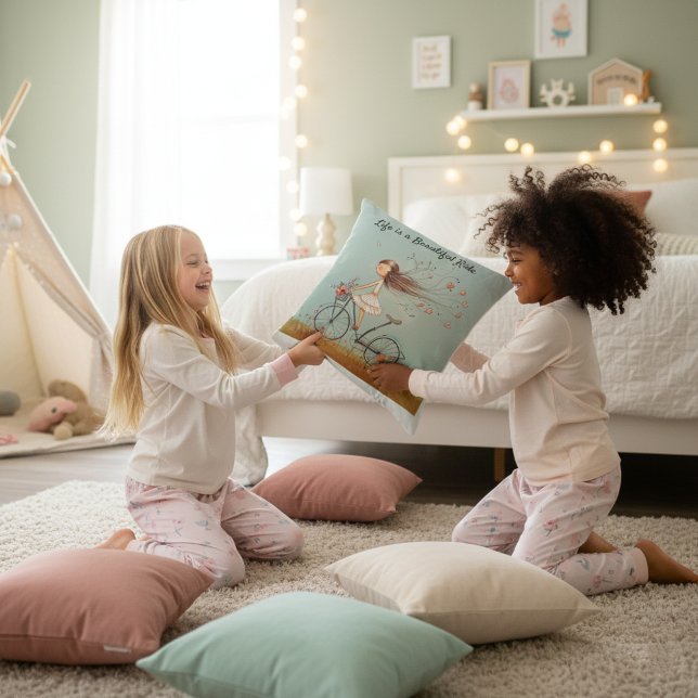 Vintage Girl on Bicycle Floral Pattern Kissen (Von Creator hochgeladen)