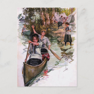 Vintage Girl Scout Campers Canoeing Postcard Postkarte