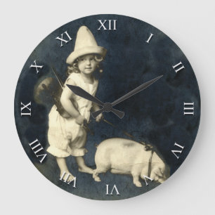 Vintage Girl with Pig and Violin Clock Große Wanduhr