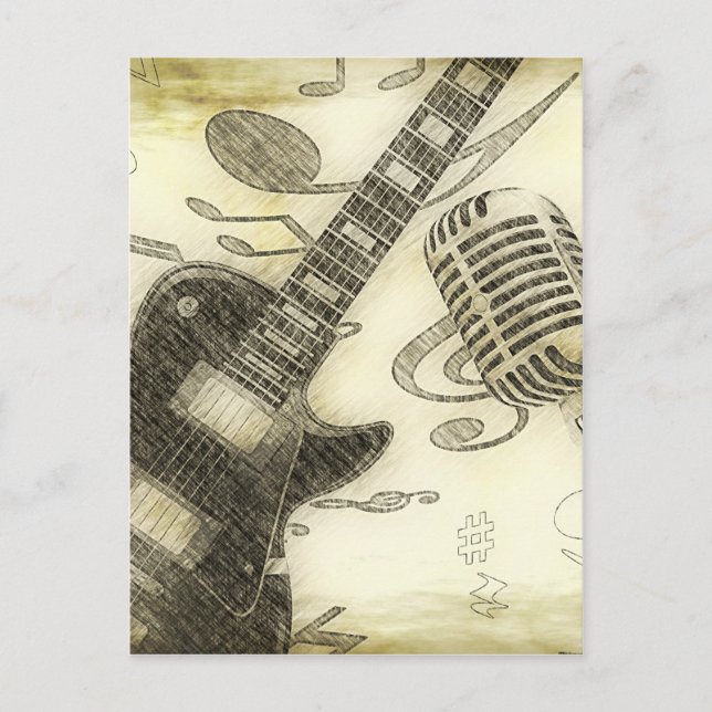 Vintage Gitarre und Mikrofon Postkarte (Vorderseite)