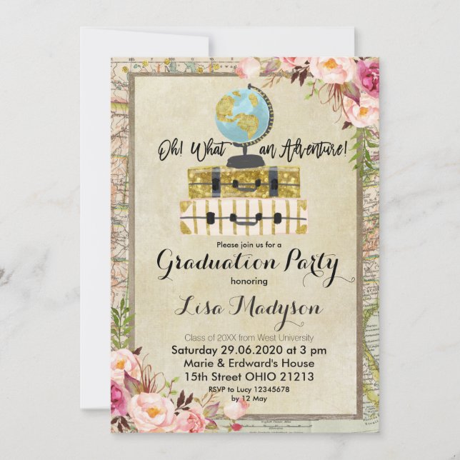 Vintage Globe Aventure Graduation Party Invitation (Devant)