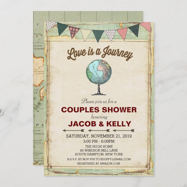 Vintage Globe Voyage Couples Douche Invitation (Devant / Derrière)