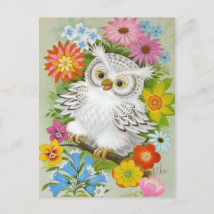 Vintage glückliche Eule in Blumen Postkarte