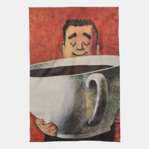Vintage glücklicher Mann trinkt riesige Tasse Kaff Geschirrtuch