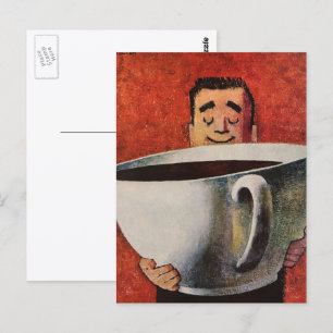 Vintage glücklicher Mann trinkt riesige Tasse Kaff Postkarte