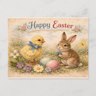 Vintage glücklicher Osterhase und Küken Postkarte