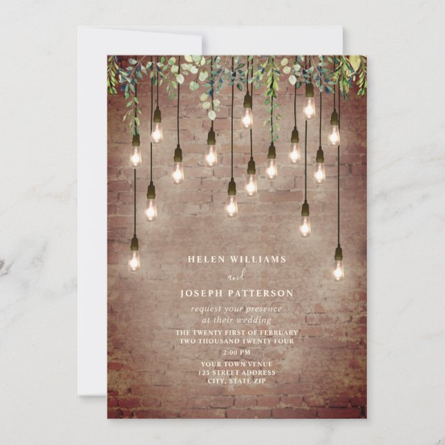 Vintage Glühbirnen Grünziegel Hochzeit Invitati Einladung (Vorderseite)