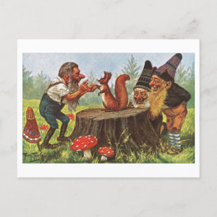 Vintage Gnome und Eichhörnchen Postkarte