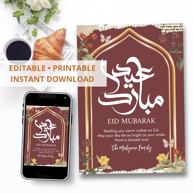 Vintage Gold Arch Floral Collage Eid Mubarak Feiertagskarte (Von Creator hochgeladen)