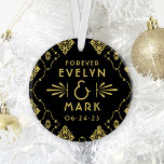 Vintage Gold Art Deco Wedding Monogram Photo Ornament<br><div class="desc">Elegant and glamorous round wedding newlywed holiday ornament inspired by vintage art deco style and the roaring twenties. Ornament design features a black and gold color scheme with ornate decorative frame and custom monogram text with photo on the reverse side.</div>