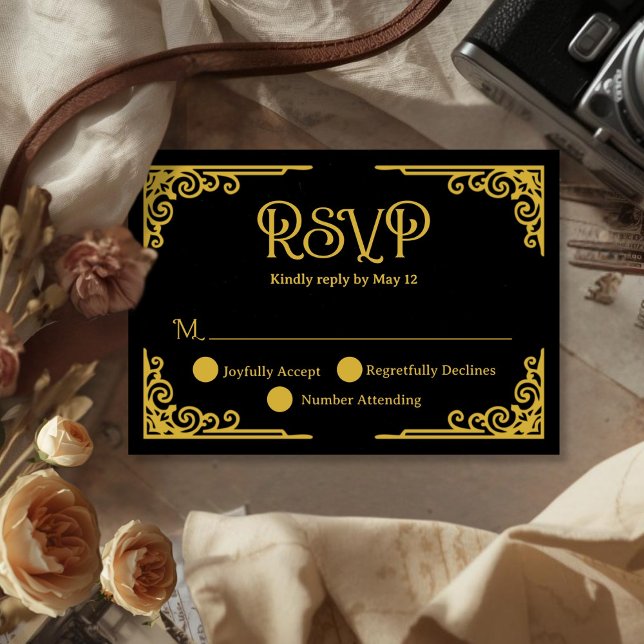  Vintage Gold Black Wedding  RSVP Karte (Cinematic Vintage Gold Black Wedding RSVP Card)