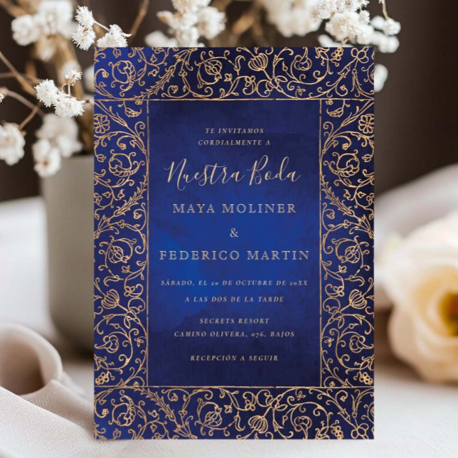 Vintage Gold & Blue Velvet Nuestra Boda Wedding Einladung (Von Creator hochgeladen)