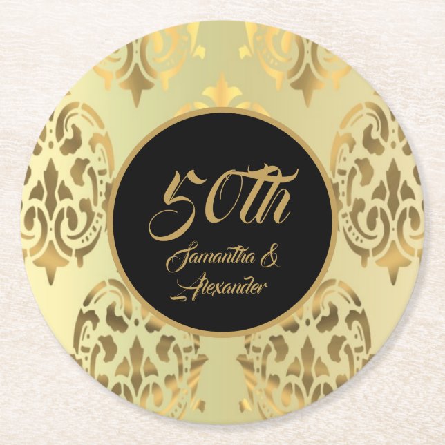 Vintage gold damask 50th anniversary runder pappuntersetzer (Vorderseite)