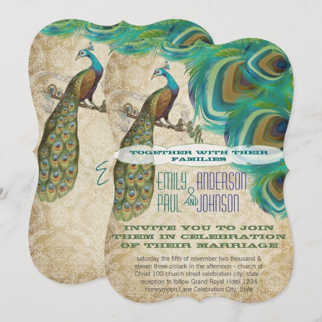Vintage Gold Damask Peacock Vintag 4 Feathers Einladung (Vorne/Hinten)