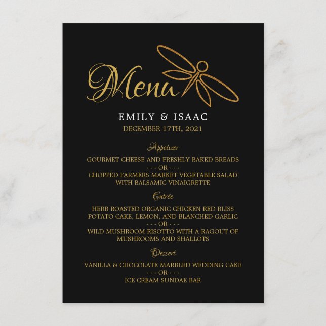 Vintage Gold Foil Dragonfly Mariage Menu (Devant)