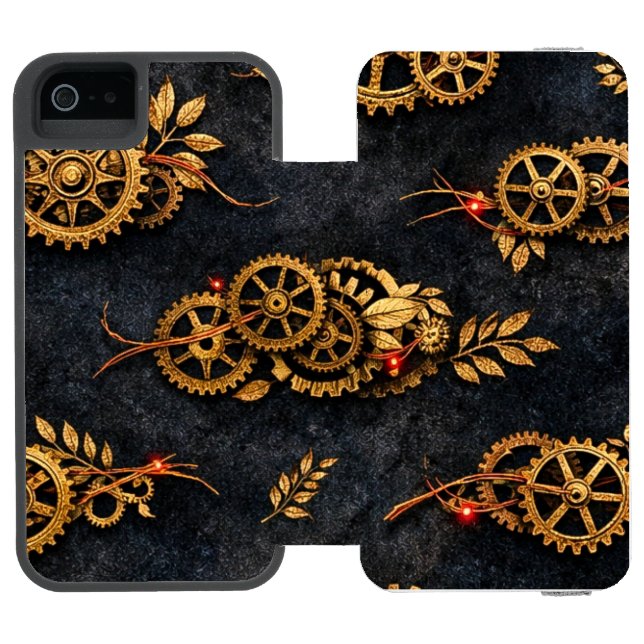 Vintage Gold Gears & Red Neon Mythic Cyberpunk Incipio iPhone Geldbeutel-Hülle (Folio Geöffnet)