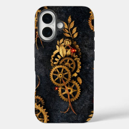Vintage Gold Gears & Red Neon Mythic Cyberpunk iPhone 16 Hülle