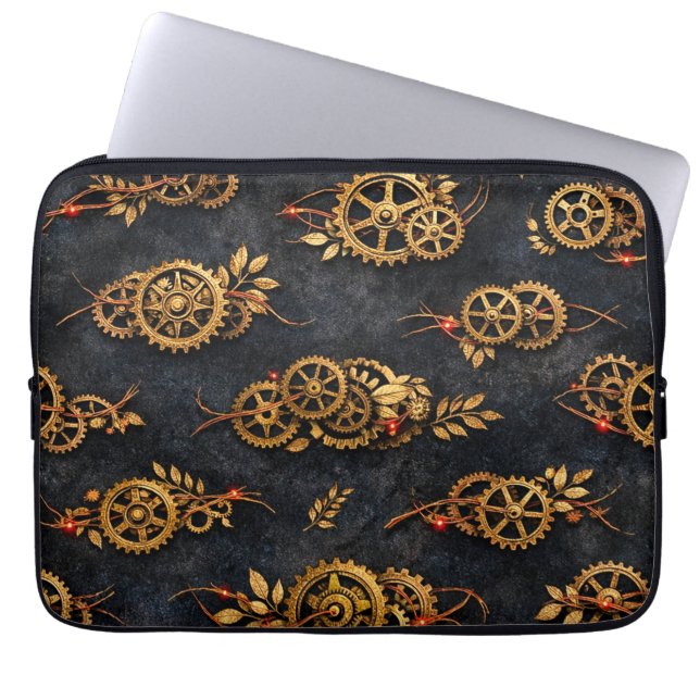 Vintage Gold Gears & Red Neon Mythic Cyberpunk Laptopschutzhülle (Vorderseite)