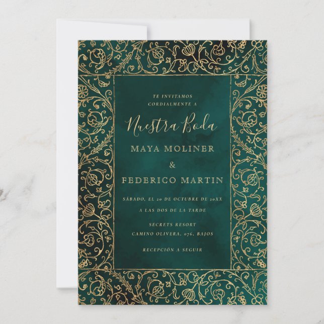 Vintage Gold & Green Velvet Nuestra Boda Wedding Einladung (Vorderseite)