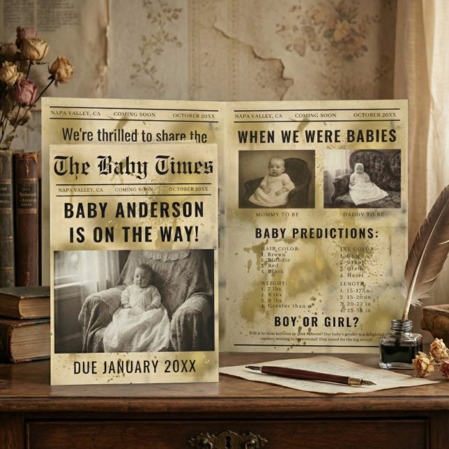 vintage gold Newspaper Pregnancy Announcement Einladung (Von Creator hochgeladen)