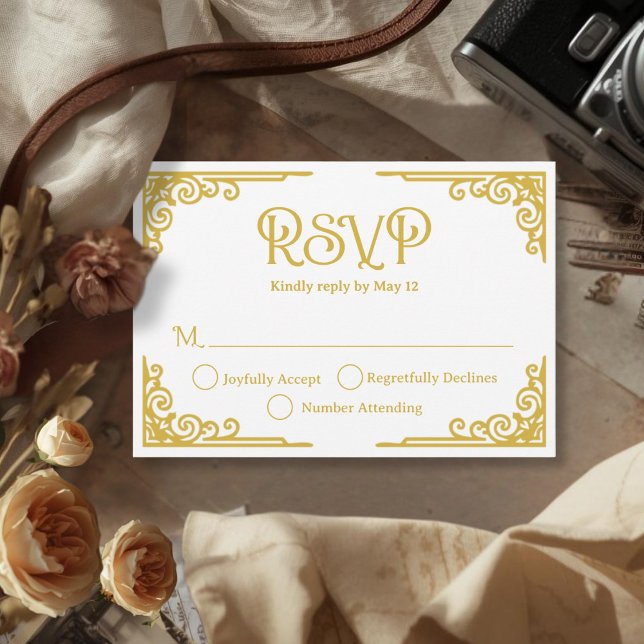 Vintage Gold White Wedding  RSVP Karte (Cinematic Vintage Gold White Wedding RSVP Card)