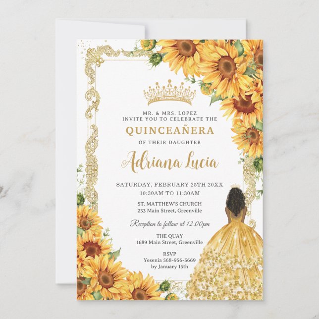 Vintage Goldblume Braune Prinzessin Quinceañera Einladung (Vorderseite)