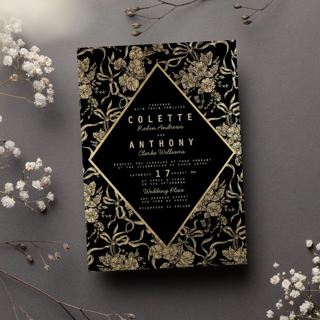 Vintage Goldbug Blütenhochzeit Einladung (Vintage style black gold bow floral wedding )