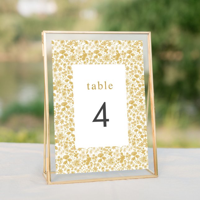 Vintage Golden Ditzy Floral Wedding Tischnummern (Golden watercolor ditzy floral wedding suite elegant table number sign.)