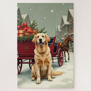 Vintage Golden Retriever Weihnachtskarosse Illust