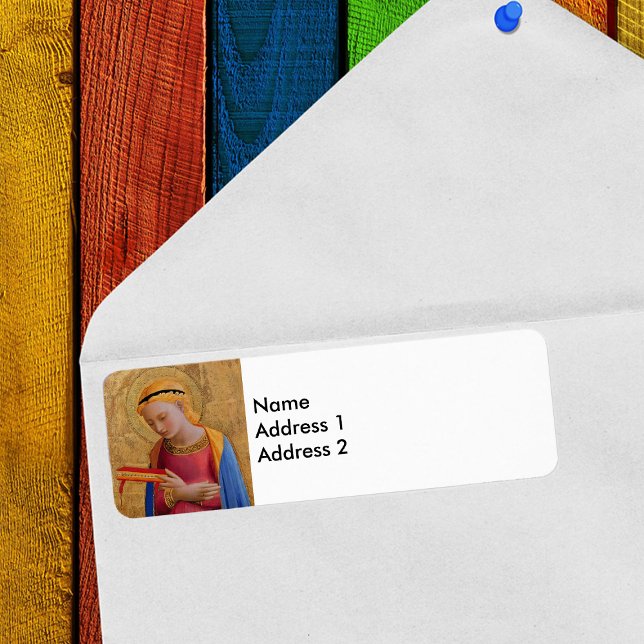 Vintage goldene religiöse Figur (Christian angel Holy figure with book golden halo return address labels.)