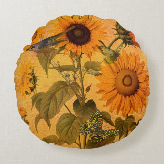 Vintage Goldene SonnenblumenCollage Rundes Kissen (Vorderseite)