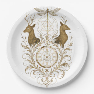 Vintage Goldhirsch und Libelle Ästhetik All-Over Pappteller