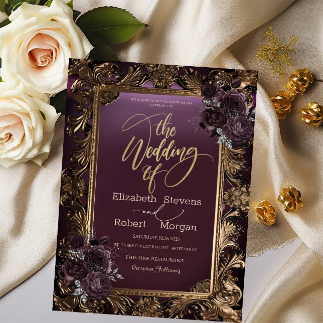 Vintage Goldrahmen-Burgund-Rose Hochzeit Einladung (Von Creator hochgeladen)