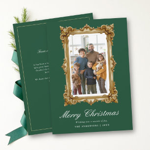 Vintage Goldrahmen grüne Familien-Weihnachtsfoto Feiertagskarte