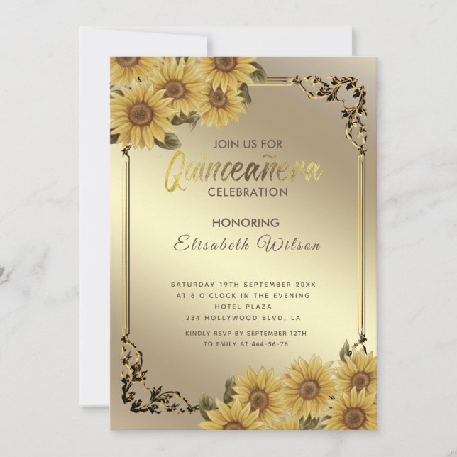 Vintage Goldrahmen-Sonnenblume Quinceañera Einladung (Vorderseite)