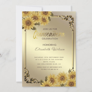 Vintage Goldrahmen-Sonnenblume Quinceañera Einladung