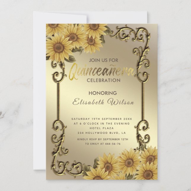 Vintage Goldrahmen-Sonnenblume Quinceañera Einladung (Vorderseite)