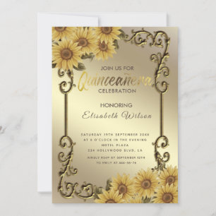 Vintage Goldrahmen-Sonnenblume Quinceañera Einladung