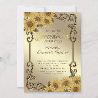 Vintage Goldrahmen-Sonnenblume Quinceañera Einladung