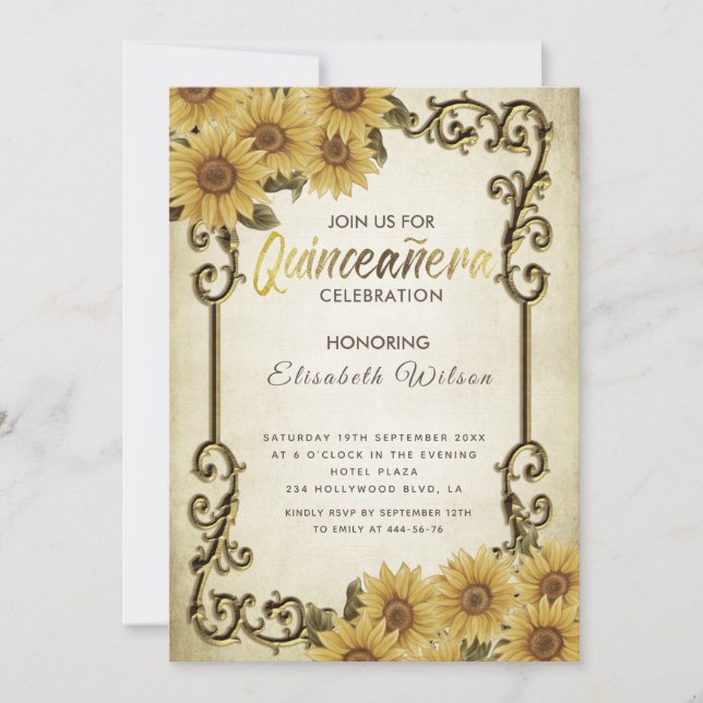 Vintage Goldrahmen Sonnenblume Quinceañera Invitat Einladung (Vorderseite)