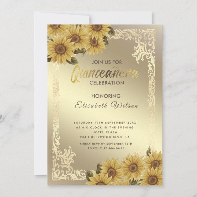 Vintage Goldrahmen Sonnenblume Quinceañera Invitat Einladung (Vorderseite)