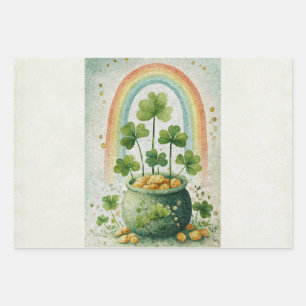 Vintage-Goldtopf und Regenbogen Geschenkpapier Set
